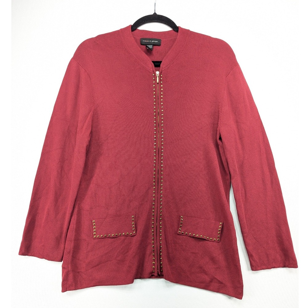 Cable & Gauge Womens Red Studded Zip Front Cardigan Sweater Large Burgundy Gold